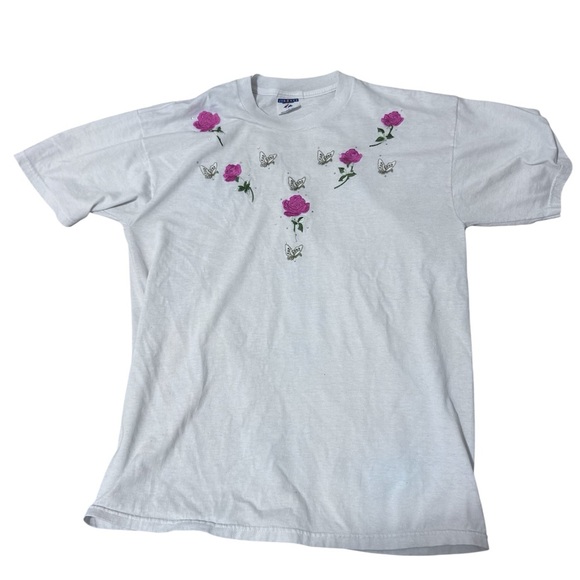 Jerzees White Tee with Pink Floral and Butterfly Design - Picture 2 of 5